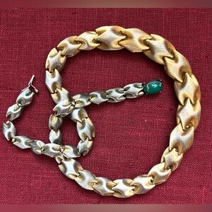 BRANIA Two-Toned Link Necklace Graduated Mid Century Green Cabochon Clasp-Marked